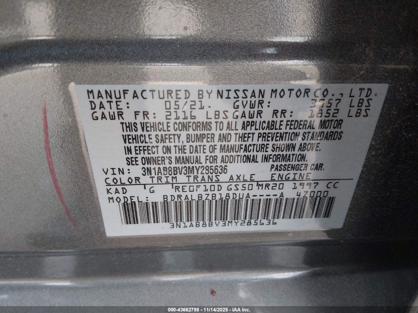2021 Nissan Sentra S Xtronic Cvt VIN: 3N1AB8BV3MY285636 Lot: 43662798