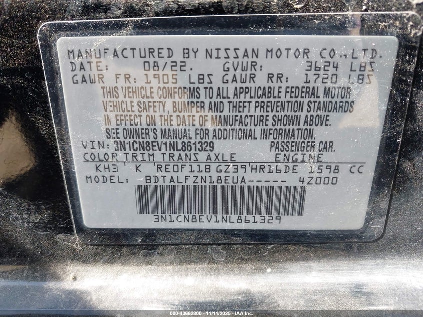 2022 Nissan Versa 1.6 Sv Xtronic Cvt VIN: 3N1CN8EV1NL861329 Lot: 43662800