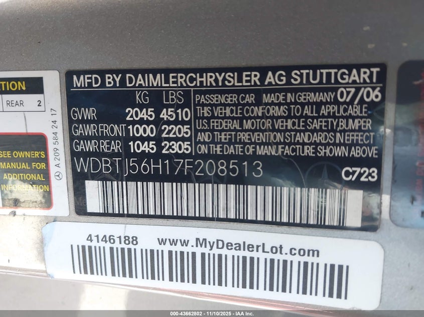 2007 Mercedes-Benz Clk 350 VIN: WDBTJ56H17F208513 Lot: 43662802