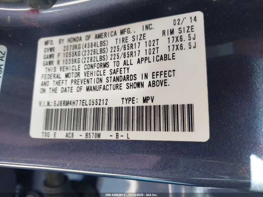 2014 Honda Cr-V Ex-L VIN: 5J6RM4H77EL055212 Lot: 43662813