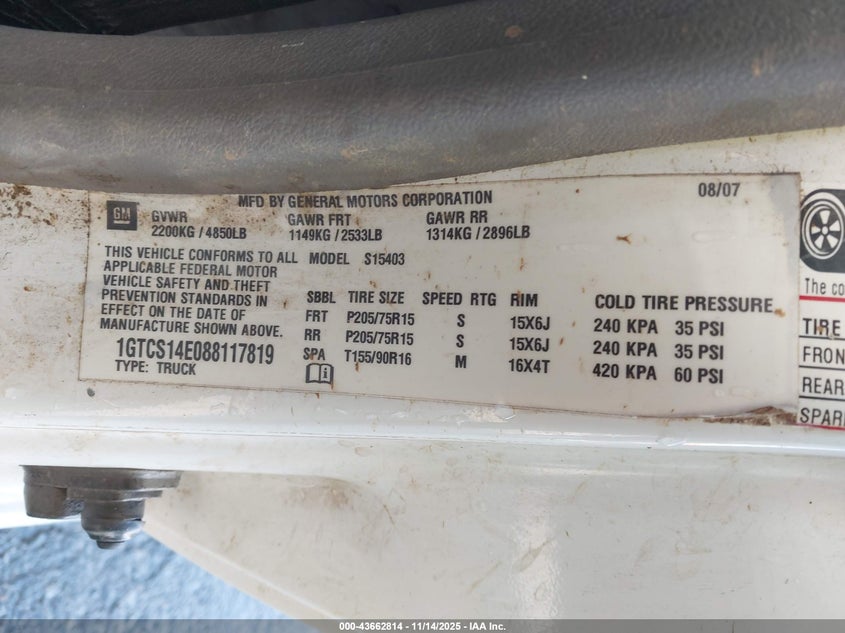 2008 GMC Canyon Yc1 VIN: 1GTCS14E088117819 Lot: 43662814