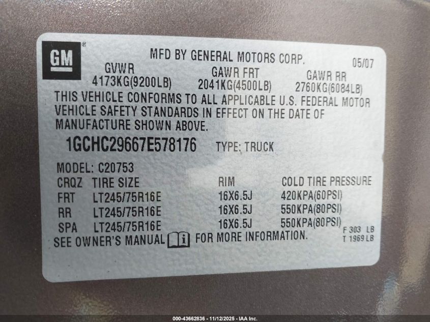 2007 Chevrolet Silverado 2500Hd Lt2 VIN: 1GCHC29667E578176 Lot: 43662836