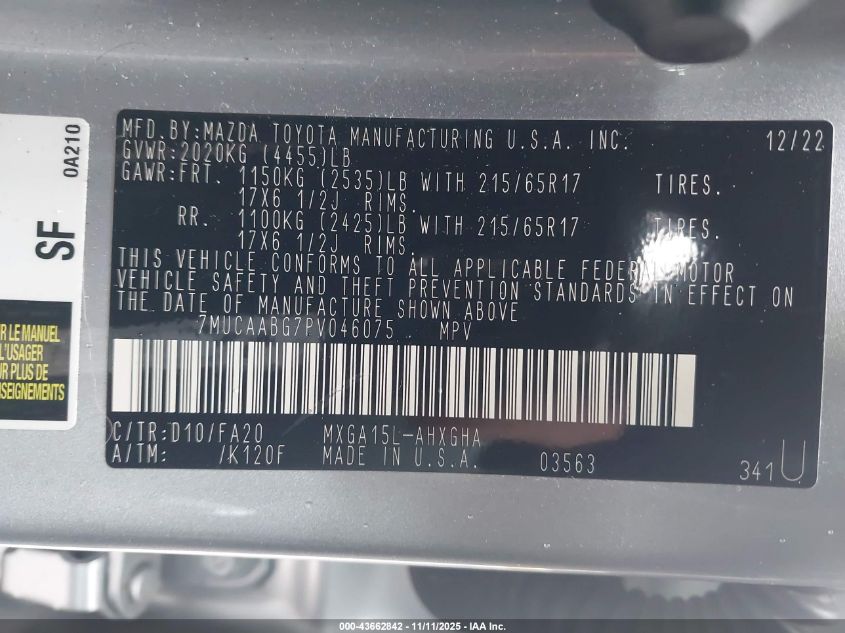 2023 Toyota Corolla Cross Le VIN: 7MUCAABG7PV046075 Lot: 43662842