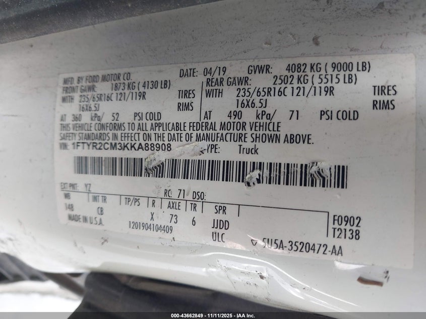 2019 FORD TRANSIT-250 1FTYR2CM3KKA88908