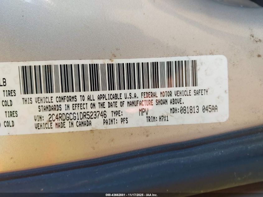 2013 Dodge Grand Caravan Sxt VIN: 2C4RDGCG1DR523746 Lot: 43662881