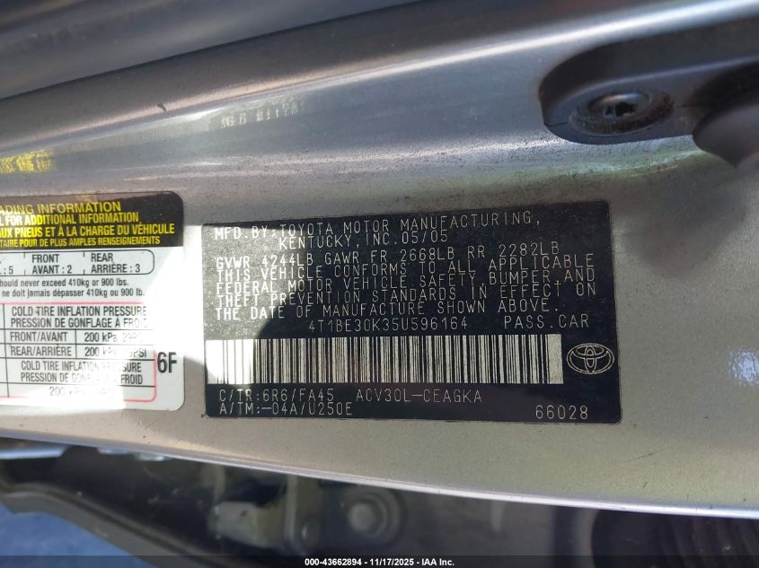 2005 Toyota Camry Xle VIN: 4T1BE30K35U596164 Lot: 43662894