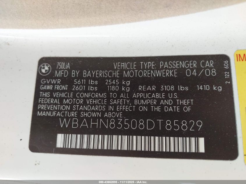 2008 BMW 750Li VIN: WBAHN83508DT85829 Lot: 43662895