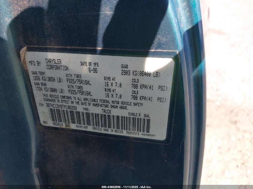 1996 Dodge Ram 1500 VIN: 3B7HC13Y8TM186292 Lot: 43662896
