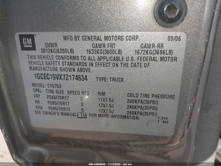 2007 Chevrolet Silverado 1500 Classic Work Truck VIN: 1GCEC19VX7Z174634 Lot: 43662946