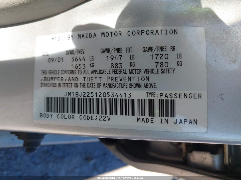 2002 Mazda Protege Dx/Es/Lx VIN: JM1BJ225120534413 Lot: 43662948