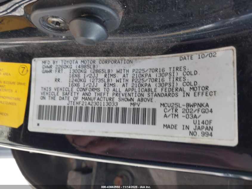 2003 Toyota Highlander V6 VIN: JTEHF21A230113033 Lot: 43662950