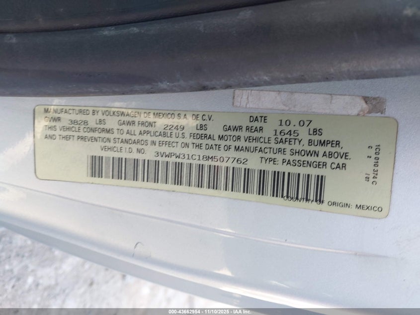 2008 Volkswagen Beetle VIN: 3VWPW31P18M507762 Lot: 43662954