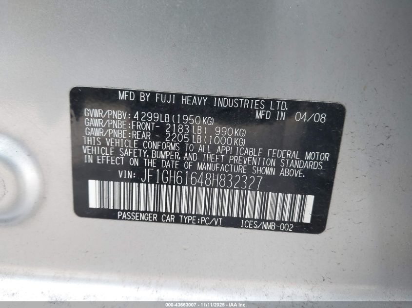 2008 Subaru Impreza 2.5I VIN: JF1GH61648H832327 Lot: 43663007