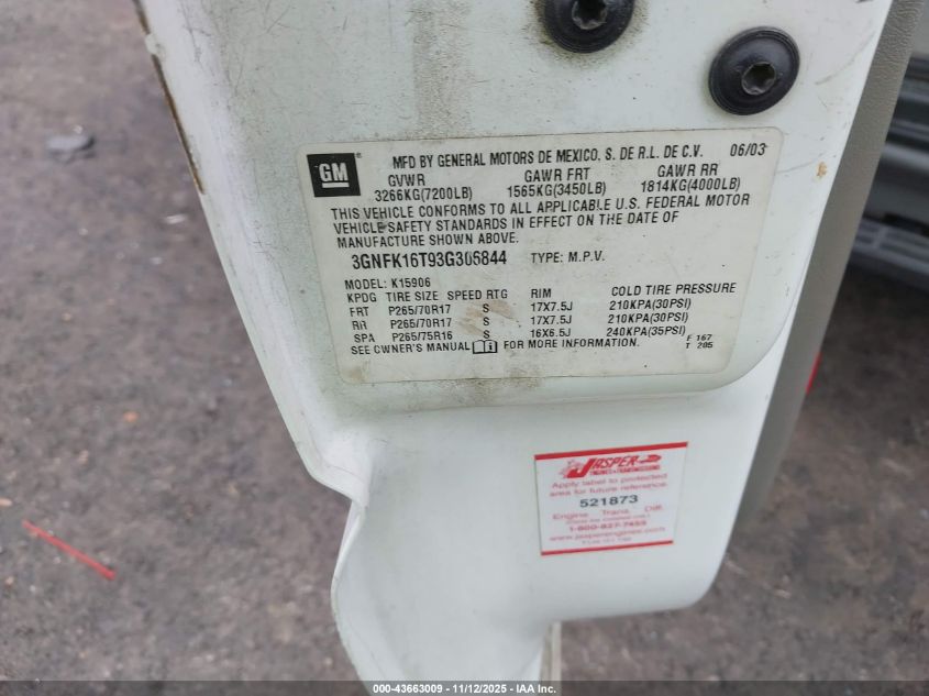 2003 Chevrolet Suburban 1500 Z71 VIN: 3GNFK16T93G306844 Lot: 43663009