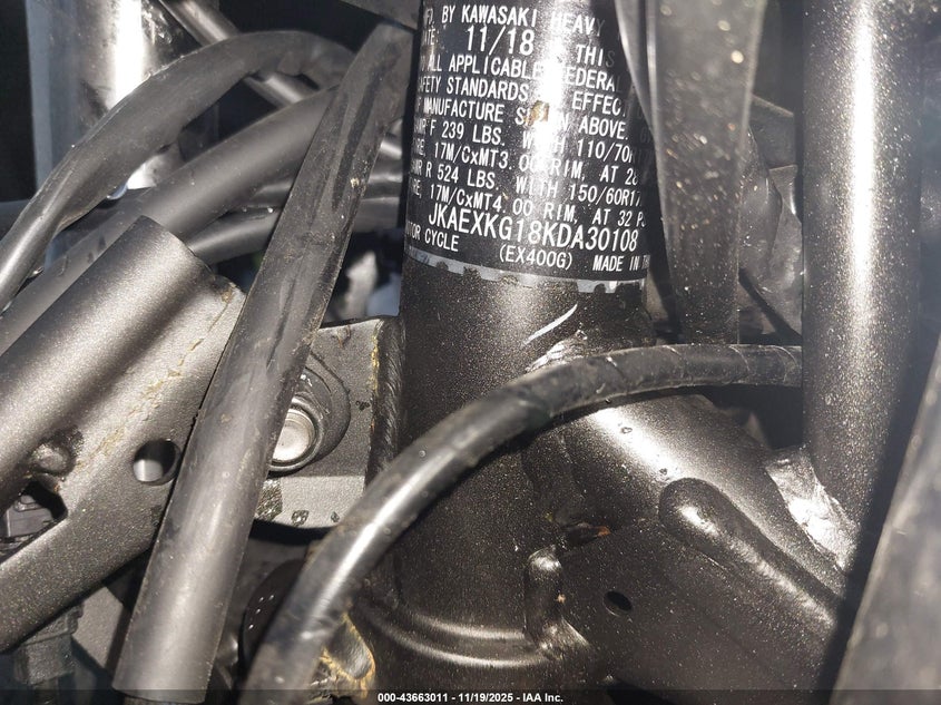 2019 Kawasaki Ex400 VIN: JKAEXKG18KDA30108 Lot: 43663011
