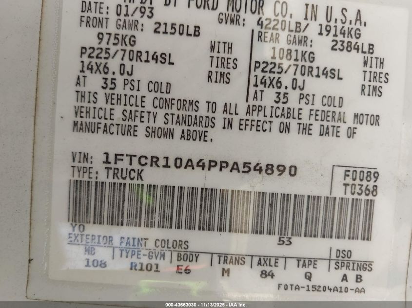1993 Ford Ranger VIN: 1FTCR10A4PPA54890 Lot: 43663030