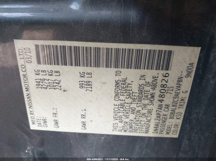 1N4AL2AP7AN480826 2010 NISSAN ALTIMA photo no. 9