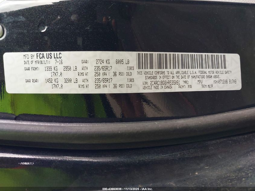 2017 Chrysler Pacifica Touring-L VIN: 2C4RC1BG6HR535091 Lot: 43663036