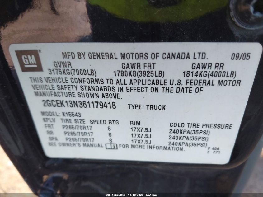2006 Chevrolet Silverado 1500 Lt2 VIN: 2GCEK13N361179418 Lot: 43663043