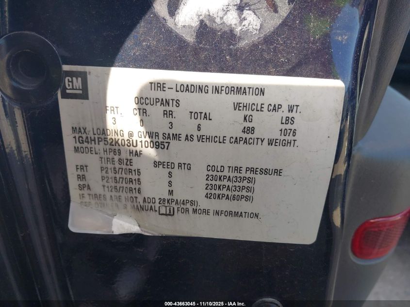 2003 Buick Lesabre Custom VIN: 1G4HP52K03U100957 Lot: 43663045