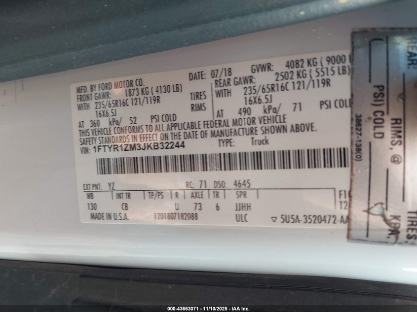 2018 Ford Transit-250 VIN: 1FTYR1ZM3JKB32244 Lot: 43663071