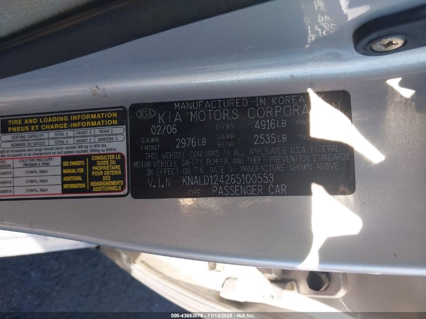 KNALD124265100553 2006 KIA AMANTI photo no. 9