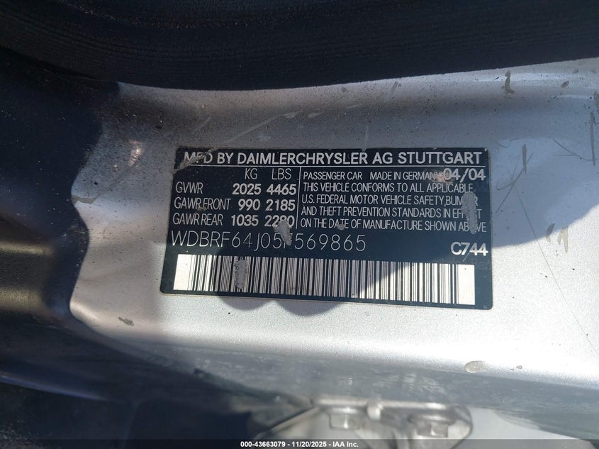 2005 Mercedes-Benz C 320 Luxury/Sport VIN: WDBRF64J05F569865 Lot: 43663079