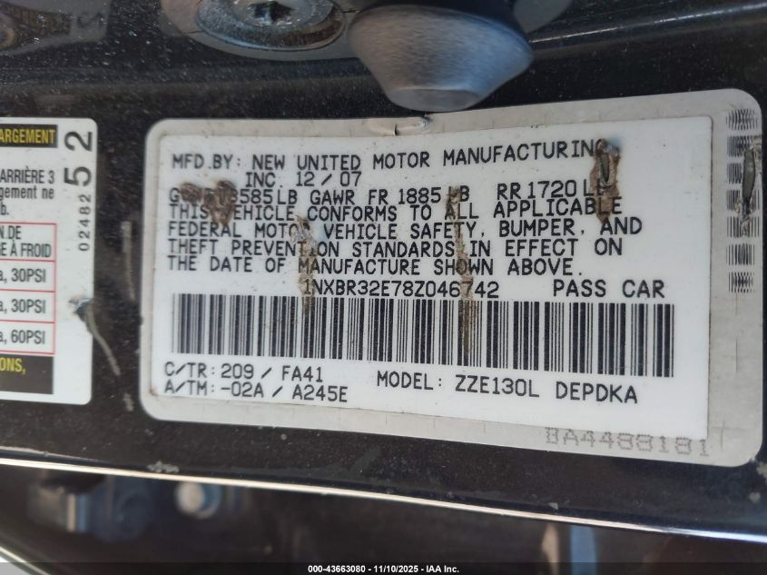 2008 Toyota Corolla Ce VIN: 1NXBR32E78Z046742 Lot: 43663080