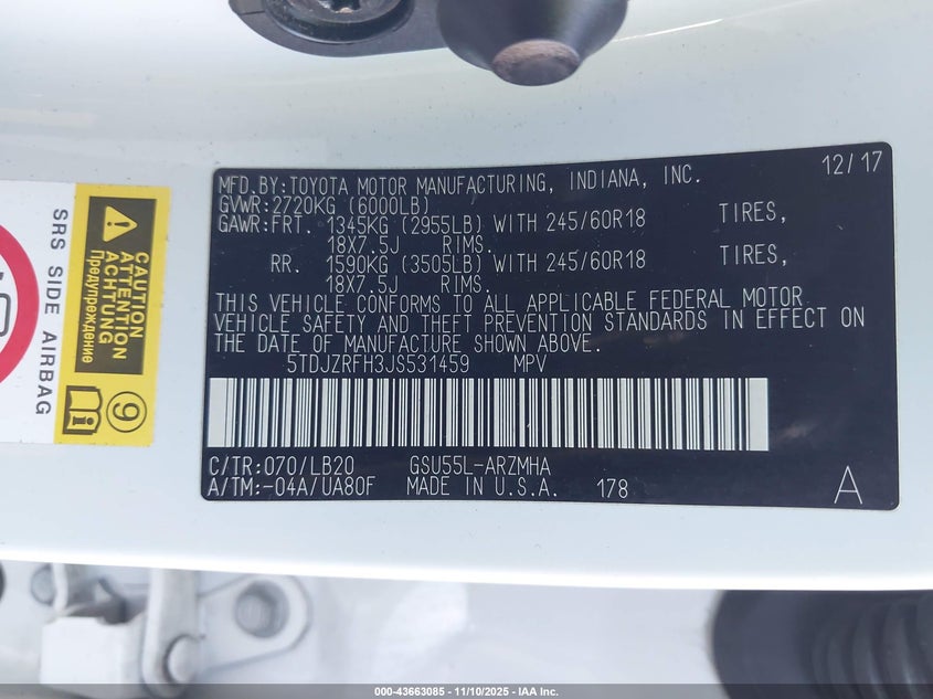 2018 TOYOTA HIGHLANDER XLE 5TDJZRFH3JS531459