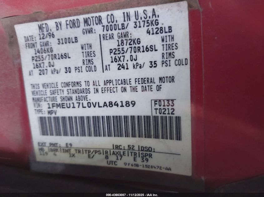 1997 Ford Expedition Eddie Bauer/Xlt VIN: 1FMEU17L0VLA84189 Lot: 43663087