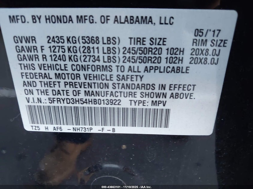 2017 Acura Mdx Technology Package VIN: 5FRYD3H54HB013922 Lot: 43663101