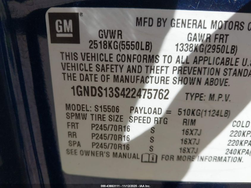 2002 Chevrolet Trailblazer Ls VIN: 1GNDS13S422475762 Lot: 43663111