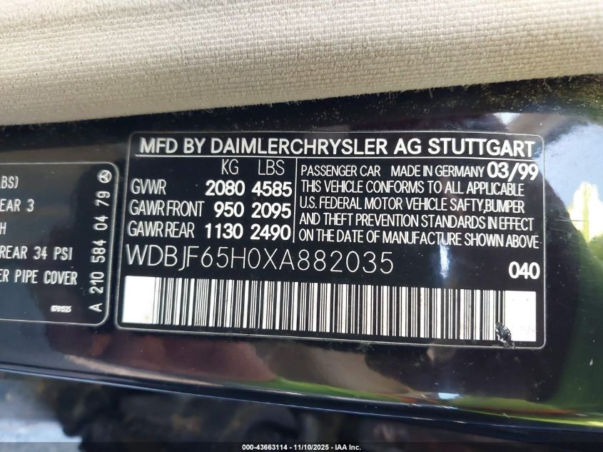 1999 Mercedes-Benz E 320 VIN: WDBJF65H0XA882035 Lot: 43663114