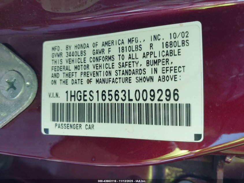 2003 Honda Civic Lx VIN: 1HGES16563L009296 Lot: 43663116