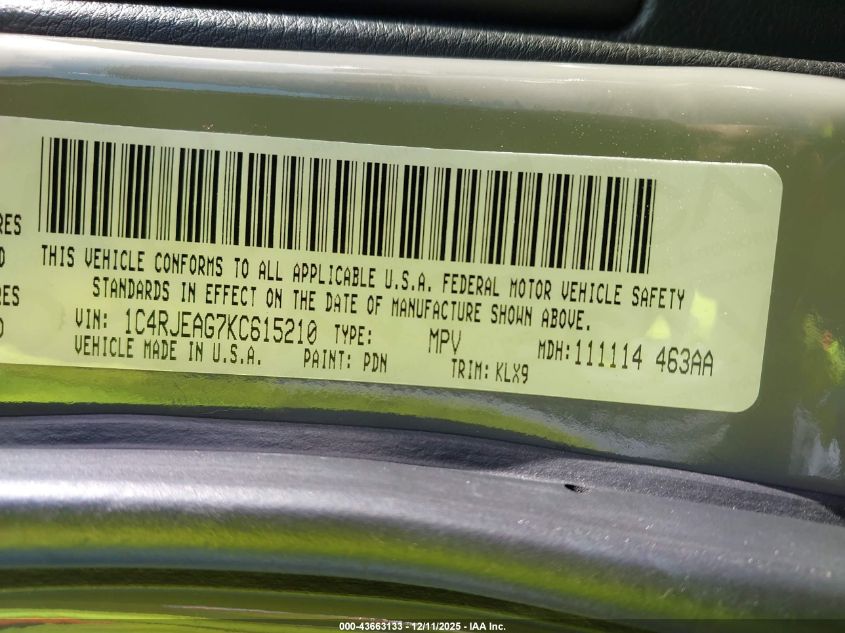 2019 Jeep Grand Cherokee Altitude 4X2 VIN: 1C4RJEAG7KC615210 Lot: 43663133