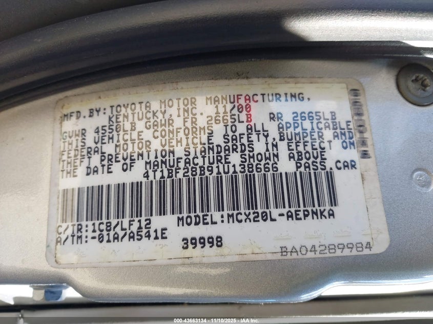 2001 Toyota Avalon Xl VIN: 4T1BF28B91U138666 Lot: 43663134