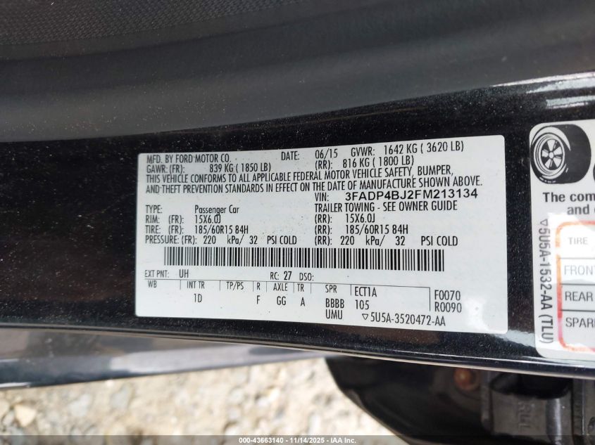 2015 Ford Fiesta Se VIN: 3FADP4BJ2FM213134 Lot: 43663140