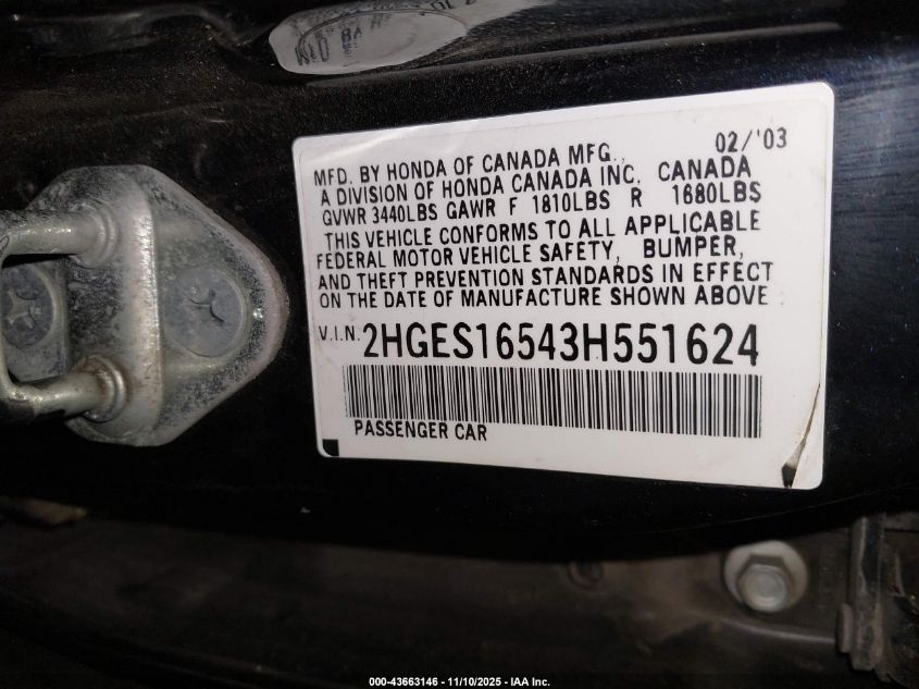 2003 Honda Civic Lx VIN: 2HGES16543H551624 Lot: 43663146