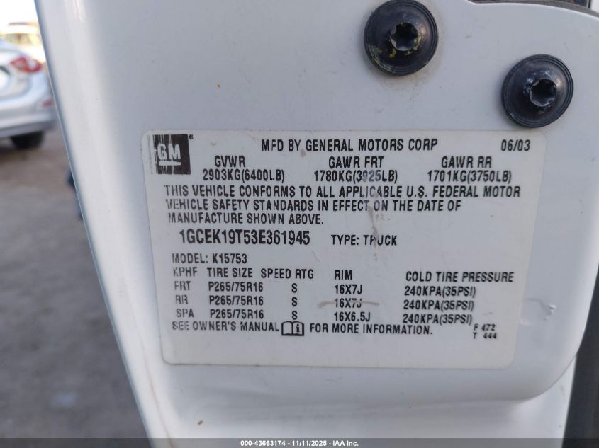 2003 Chevrolet Silverado 1500 Ls VIN: 1GCEK19T53E361945 Lot: 43663174