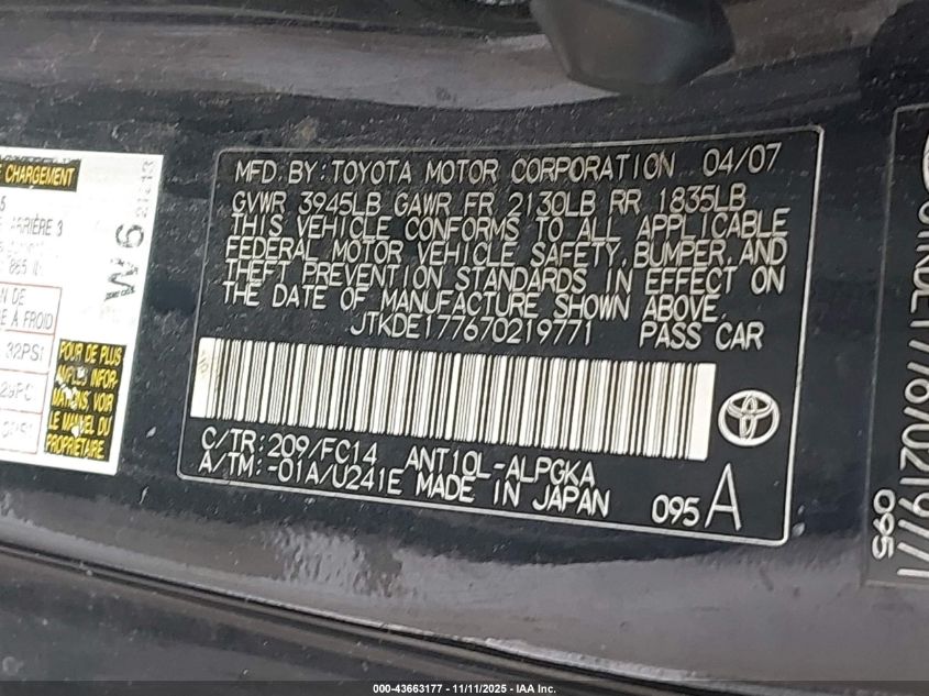 2007 Scion Tc VIN: JTKDE177670219771 Lot: 43663177