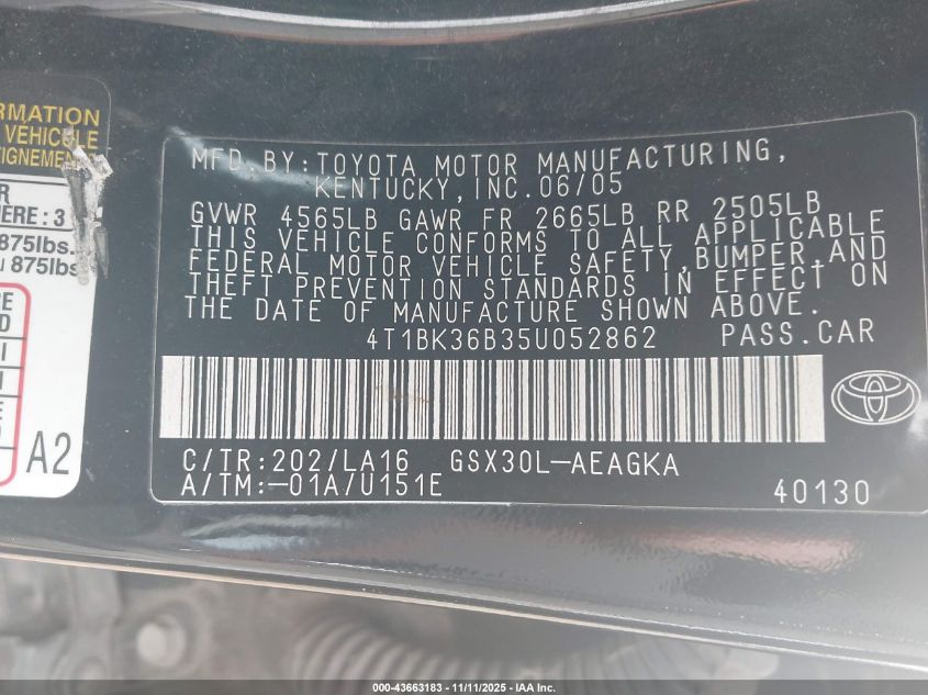 2005 Toyota Avalon Xls VIN: 4T1BK36B35U052862 Lot: 43663183