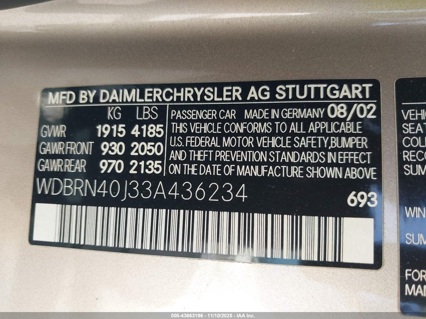 2003 Mercedes-Benz C 230 Kompressor Sport VIN: WDBRN40J33A436234 Lot: 43663196