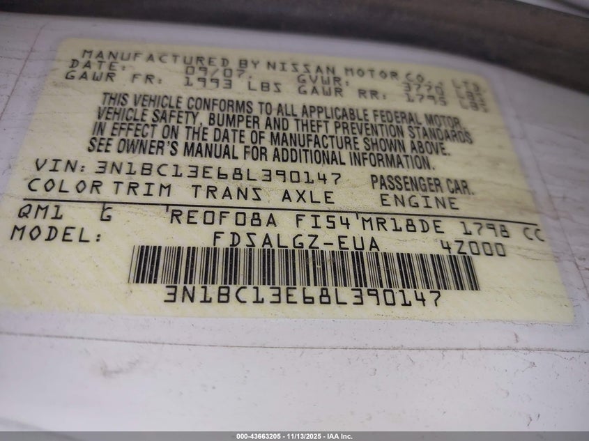 2008 Nissan Versa 1.8Sl VIN: 3N1BC13E68L390147 Lot: 43663205