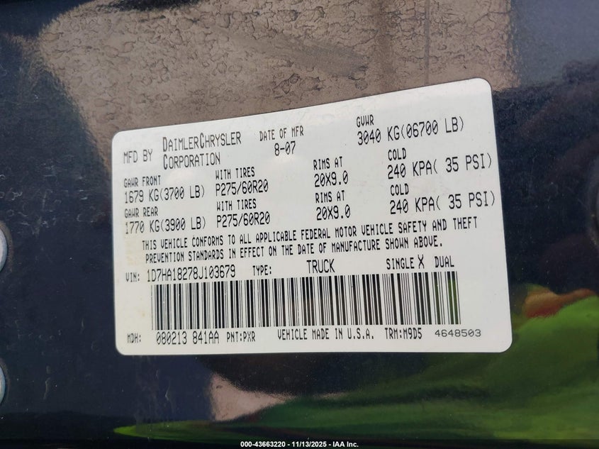 2008 Dodge Ram 1500 Slt VIN: 1D7HA18278J103679 Lot: 43663220