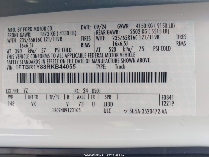 2024 Ford Transit-250 VIN: 1FTBR1Y88RKB44055 Lot: 43663223
