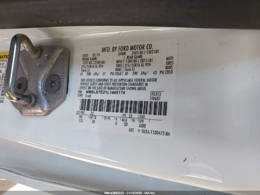 2020 Ford Transit Connect Xl VIN: NM0LS7E21L1445174 Lot: 43663233