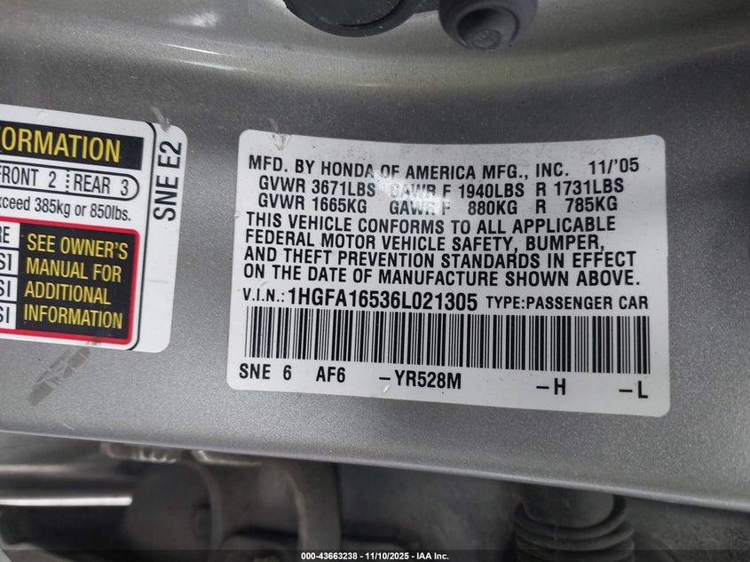 1HGFA16536L021305 2006 HONDA CIVIC photo no. 9