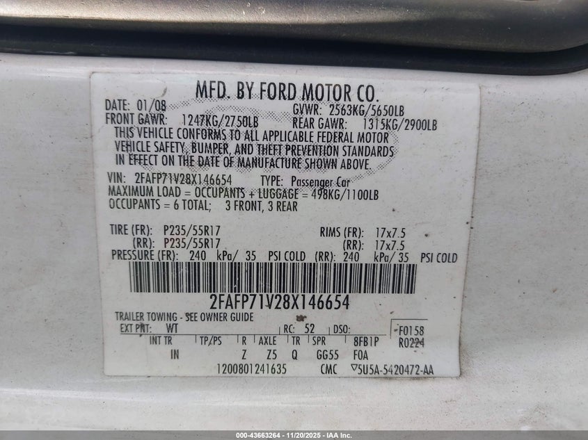 2008 Ford Crown Victoria Police/Police Interceptor VIN: 2FAFP71V28X146654 Lot: 43663264