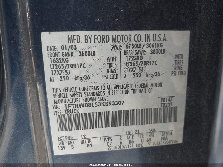 1FTRW08L53KB93307 2003 FORD F-150 photo no. 9