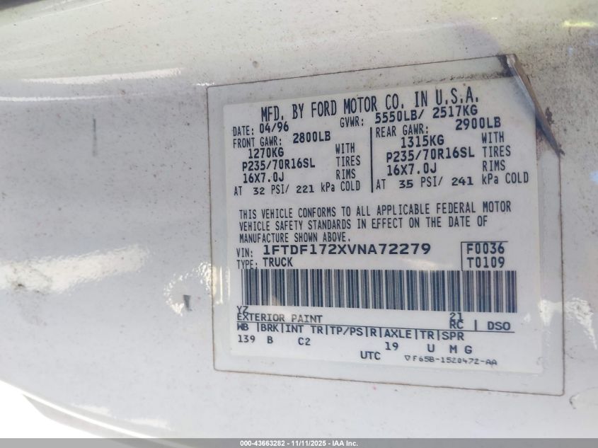 1997 Ford F-150 Standard/Xl/Xlt VIN: 1FTDF172XVNA72279 Lot: 43663282